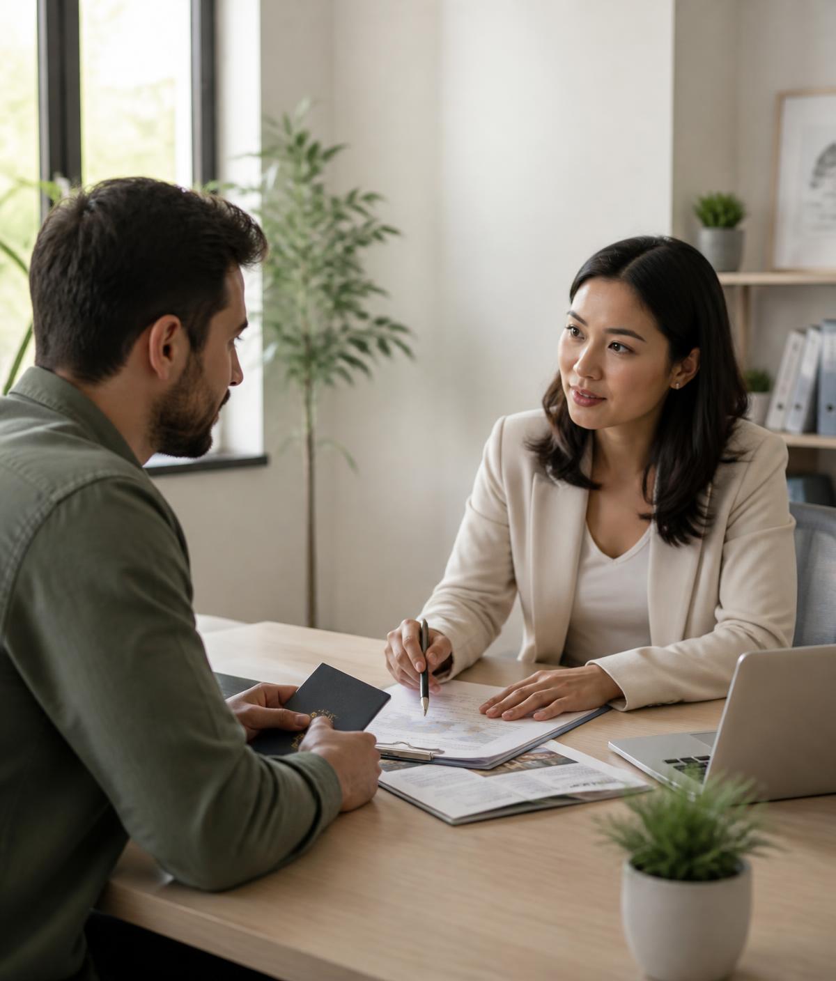 An immigration consultant discussing application documents and a passport with a client across a desk