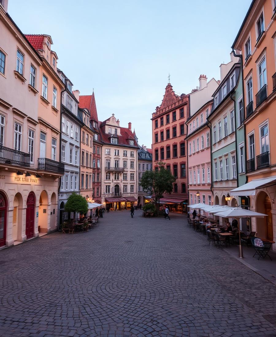 A European city street at golden hour