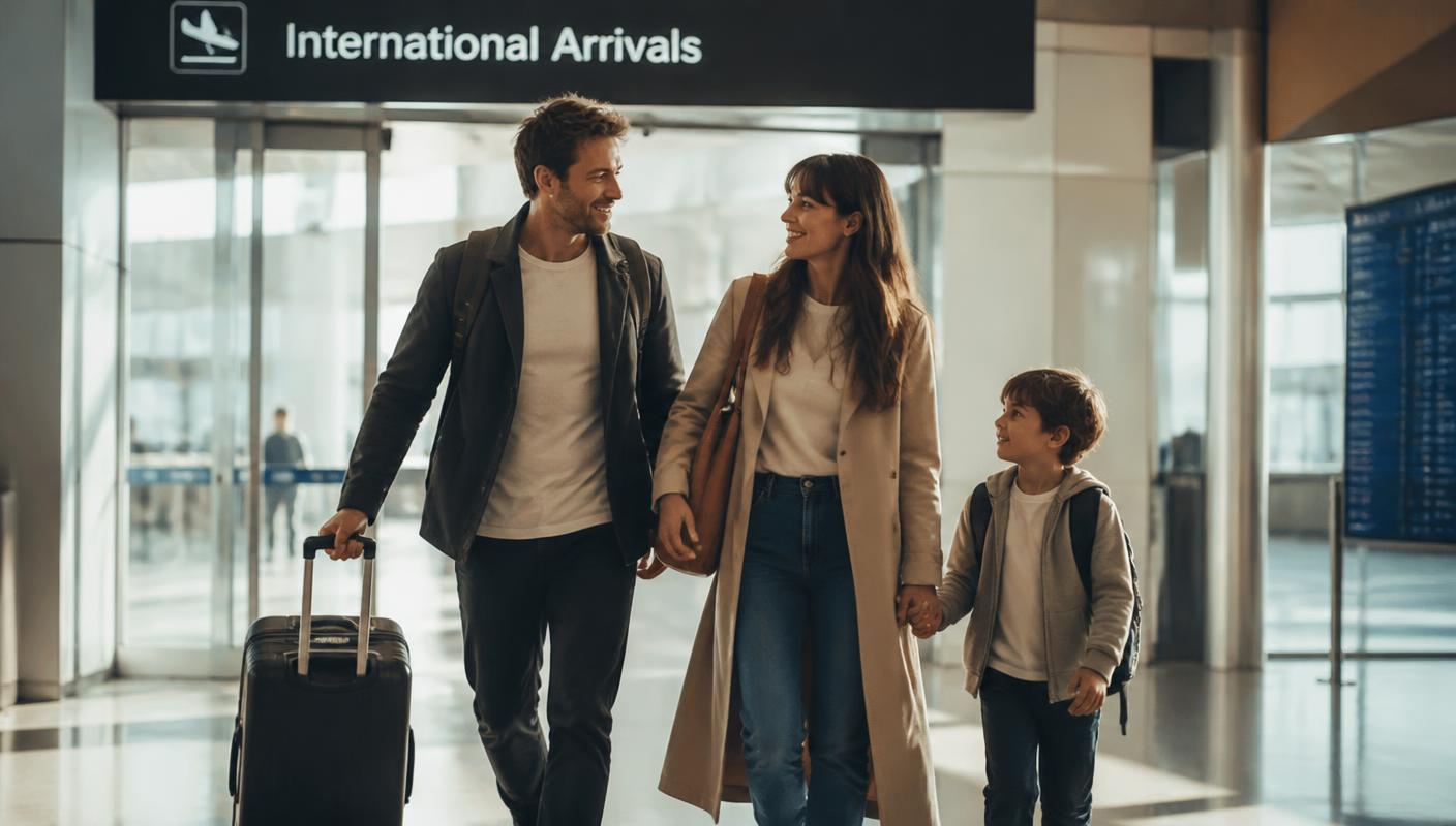 A family walking together through an international arrivals hall